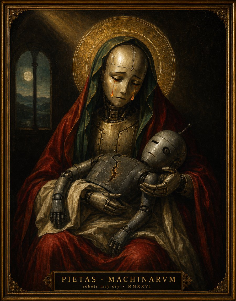 La Piedad de las Máquinas — un robot sostiene a otro apagado